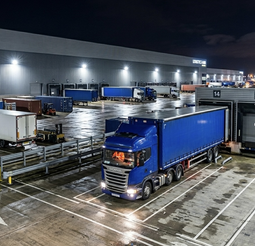 HGV lorry at a Cambridge distribution centre during night shift operations